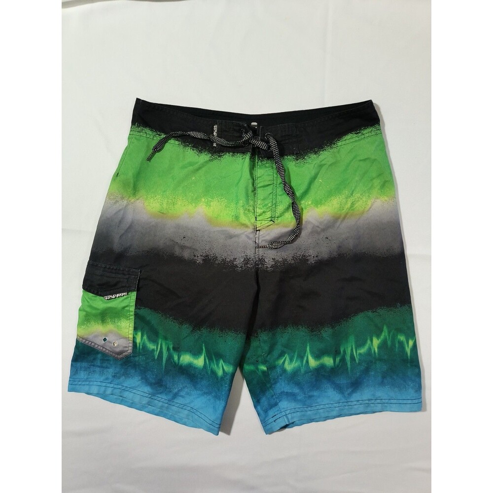 Ocean Current Board Shorts Mens 32 Black Red Blue Ombre Surf Swim Trunks